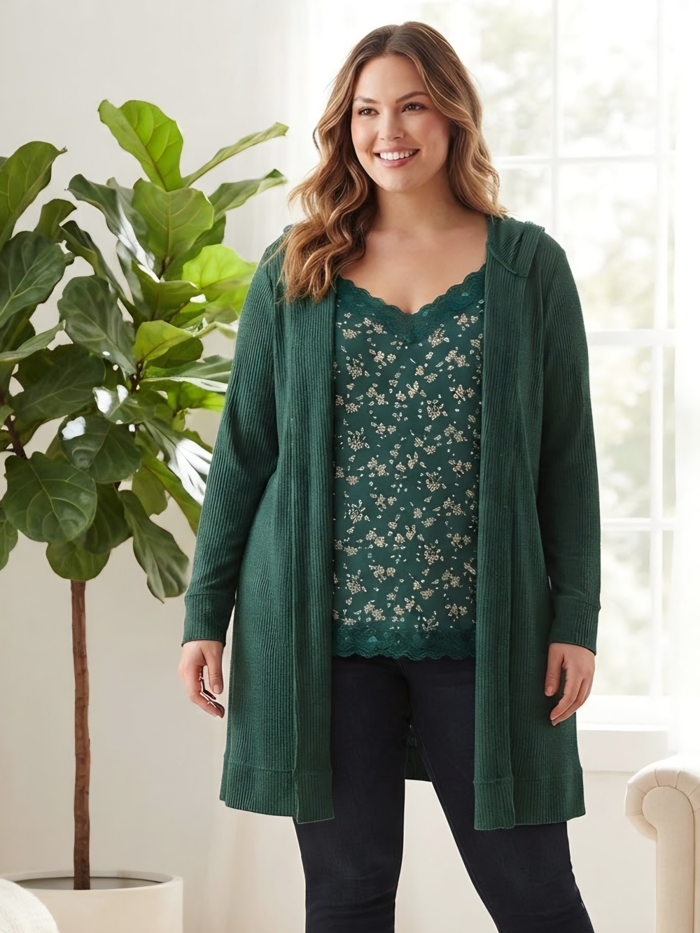 Lane Bryant Plus Size 18/20 Forest Green Floral Cami & Hooded Cardigan Set
